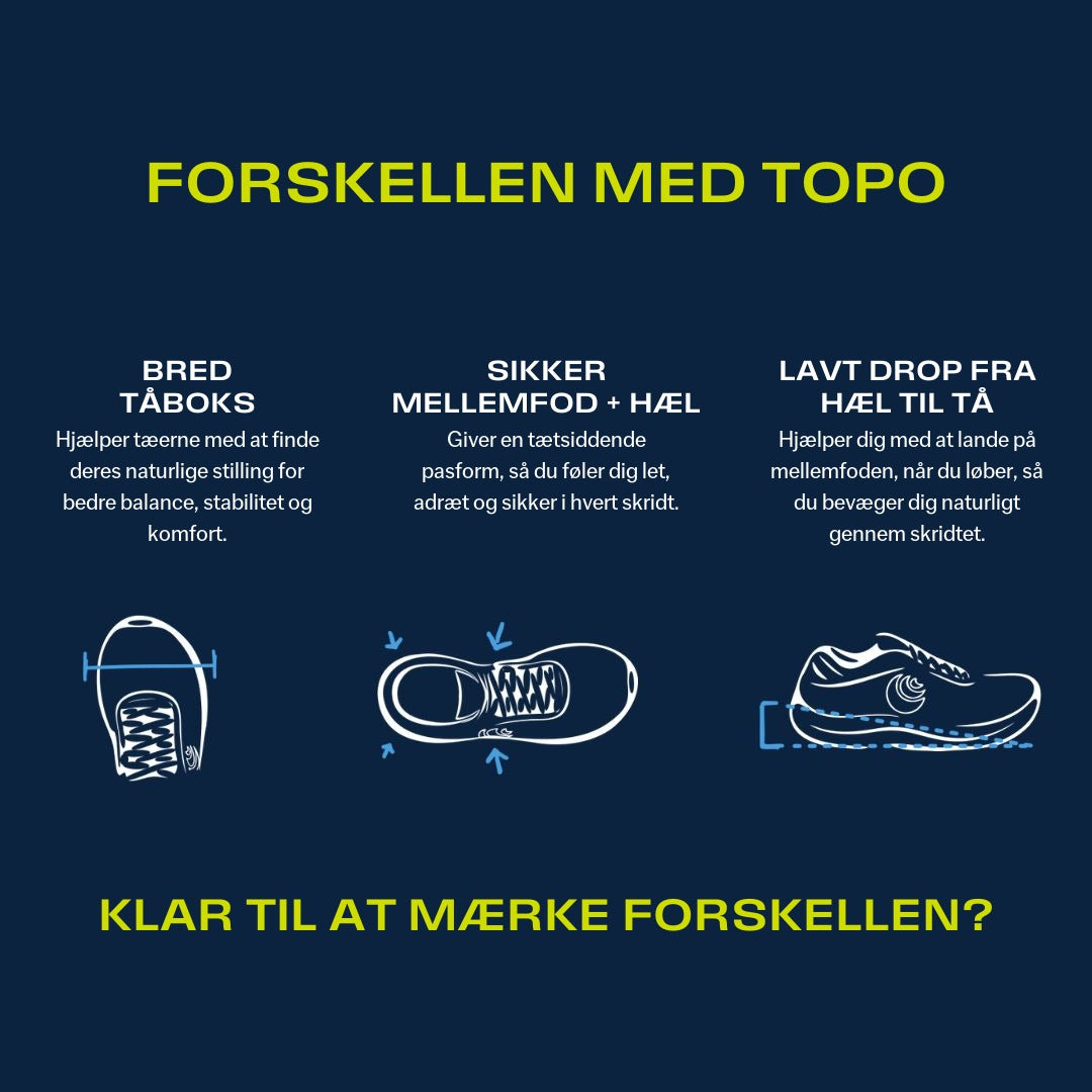 Forskellen med Topo: bred tåboks, sikker mellemfod og hæl, lavt drop fra hæl til tå
